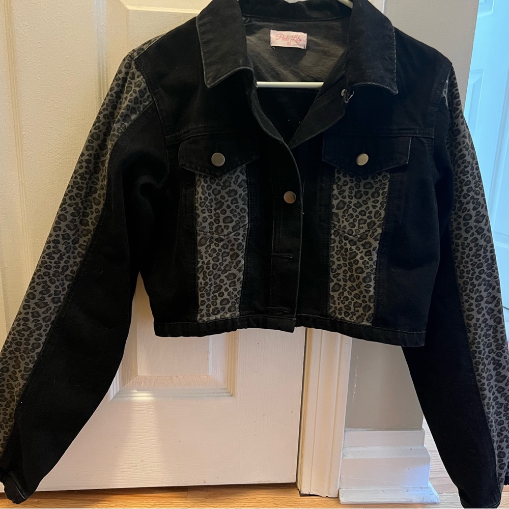 Pink Lily Black Leopard Jean Jacket - XS